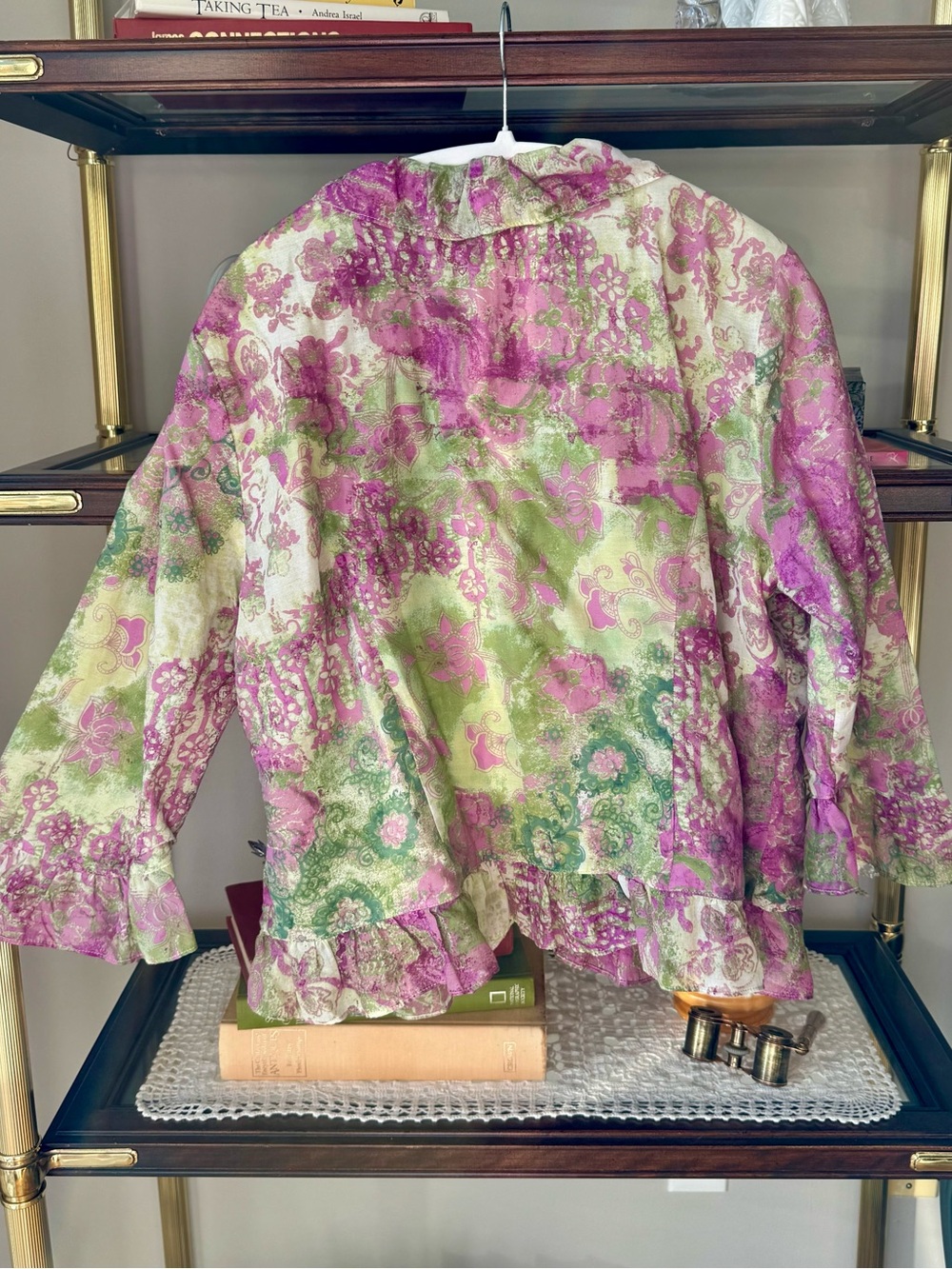 Vintage City Girl Nancy Bolen Pink Green Silk Blend Ruffle Blazer L - Picture 5 of 6